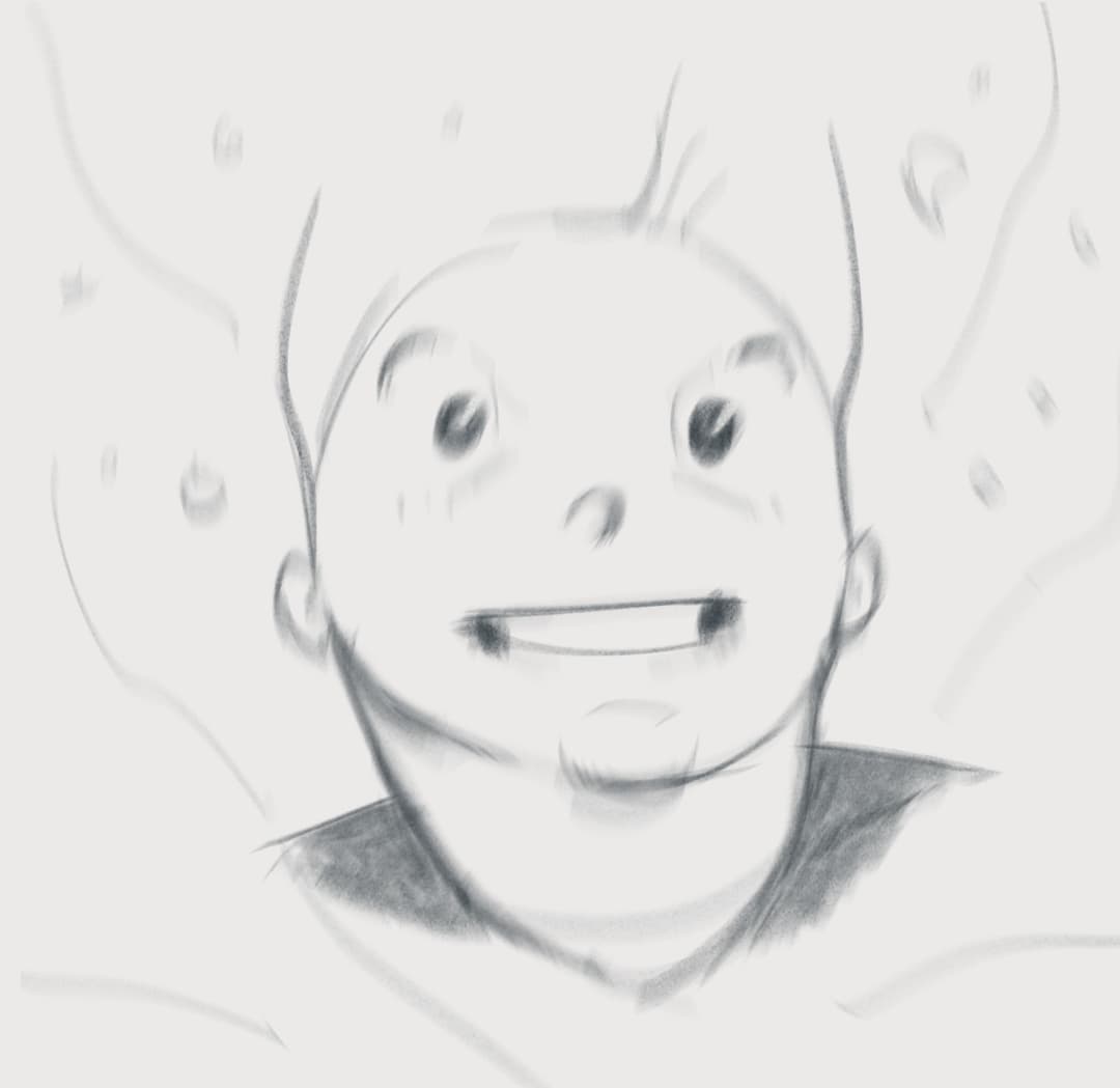 A happy face digital pencil sketch with loose flowy lines